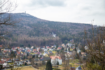 The view from the beautiful old castle Oybimn into the valley to Hain or Olbersdorf