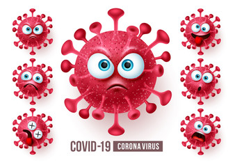 Corona virus covid19 emoji vector set. Covid19 corona virus emojis and emoticons with angry and scary faces for global pandemic outbreak. Vector illustration.
