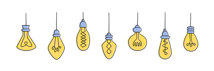 Set of Hand drawn Light Bulbs. Collection of different yellow loft lamps in doodle style. Isolated vector objects on white background
