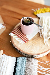 Tea on a round wood slab