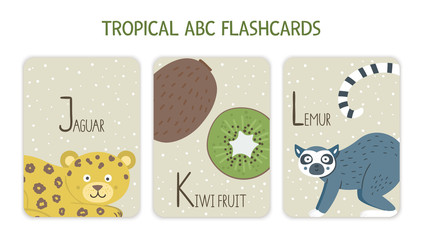 Colorful alphabet letters J, K, L. Phonics flashcard with tropical animals, birds, fruit, plants. Cute educational jungle ABC cards for teaching reading with funny jaguar, kiwi fruit, lemur..