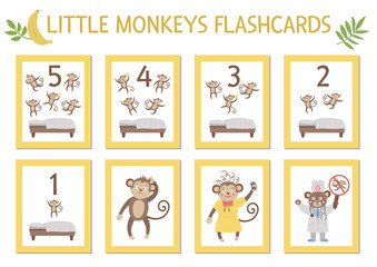 Vector set of educational flashcards with cute five little monkeys, mommy, doctor, bed. Funny nursery rhyme and song illustration. Bright printable cards for teaching counting. Jungle summer clip art.