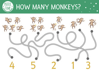 Tropical math maze for children with five little monkeys. Educational addition riddle. Funny nursery rhyme mathematic puzzle game. Cute counting worksheet. How many monkeys?.