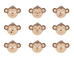 Vector monkey faces with different emotions. Set of animal emoji stickers. Heads with funny expressions isolated on white background. Cute avatars collection.
