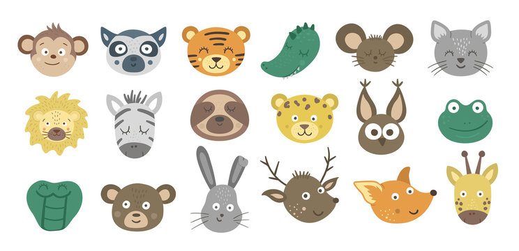 Vector animal faces collection. Set of tropical and forest characters emoji stickers. Heads with funny expressions isolated on white background. Cute avatars pack.