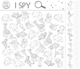 Tropical I spy game. Exotic searching and counting activity for preschool children with cute animals. Funny black and white jungle printable worksheet. Logical quiz. Fun coloring page for kids .