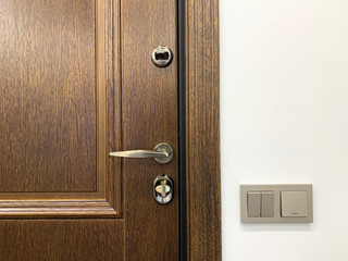 Wooden front door. Metal bronze handle. Bright interior.
