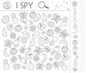 Tropical I spy game. Exotic searching and counting activity for preschool children with cute elements. Funny black and white jungle printable worksheet. Logical quiz. Fun coloring page for kids.