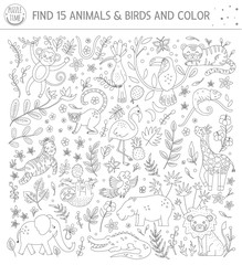 Fototapeta na wymiar Tropical black and white searching game for children with cute funny characters. Find hidden animals and birds in the jungle and color. Fun coloring page for kids.