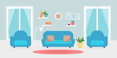 Home interior. Interior design of a living room for web site, print, poster, presentation, infographic. Flat design illustration.