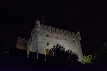 Castelldefels castle at night in Barcelona, Catalonia, Spain.