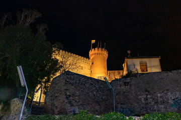 Castelldefels castle at night in Barcelona, Catalonia, Spain.