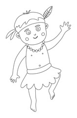 Vector flat African or Papuan boy outline. Cute tropical, jungle, exotic summer character. Funny black and white illustration of a child with beads, feather and loin cloth.