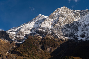 Snow mountains peak around Lho village in Manaslu circuit trekking, Himalaya mountains range in Nepal