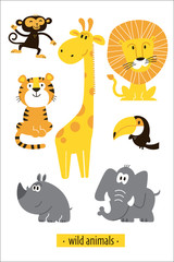 African Animals set. Cartoon Monkey, giraffe, lion, hippo, elephant, tiger, toucan pirate.