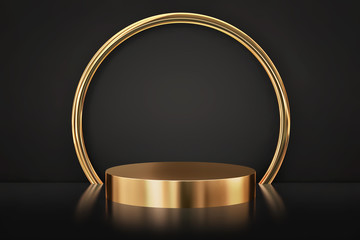 Gold empty product showcase podium and round gold frame