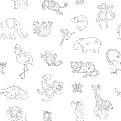 Vector black and white seamless Pattern with cute exotic animals. Funny tropical repeat background with birds. Monochrome illustration for children. Jungle summer texture.
