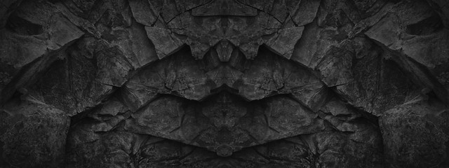 Black stone background. Black white grunge background. Old black stone wall. Grunge banner. The geometric pattern of the stone. Fantasy ancient gate arch wall. Dark gothic background.