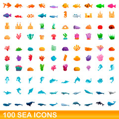 100 sea icons set. Cartoon illustration of 100 sea icons vector set isolated on white background
