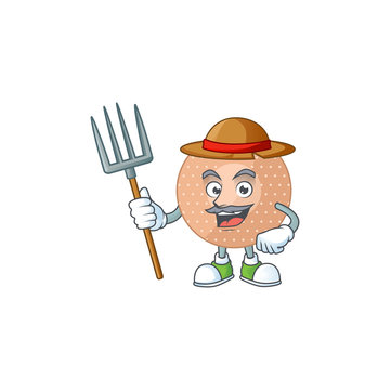 Mascot design style of Farmer rounded bandage with hat and pitchfork