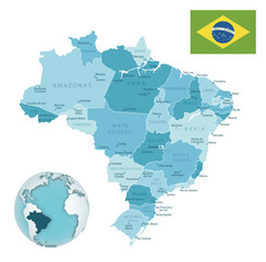 Brasilia administrative blue-green map with country flag and location on a globe.