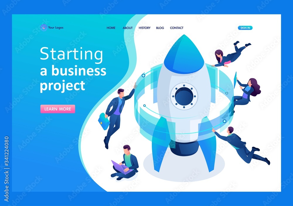 Poster isometric start up a business project, working on a virtual screen. landing page concepts and web de