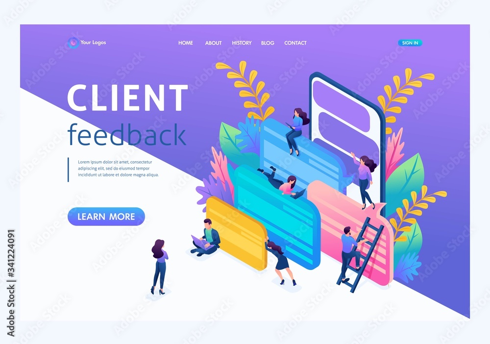 Poster isometry the concept testimonials and comments client. landing page concepts and web design