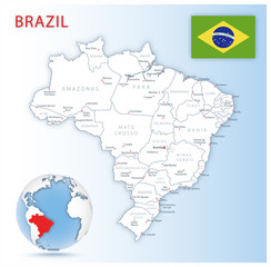 Obraz premium Detailed Brasilia administrative map with country flag and location on a blue globe.