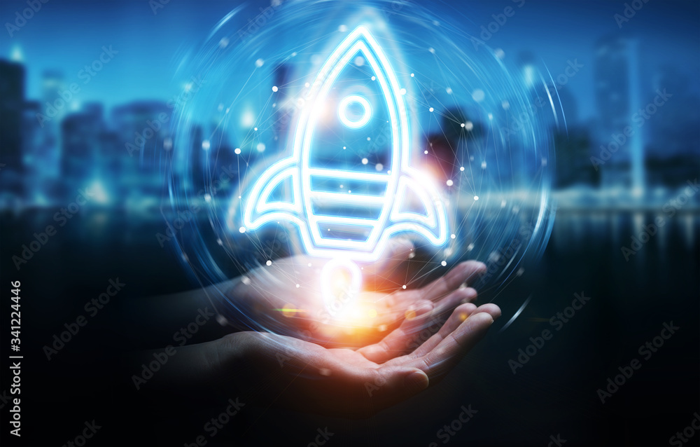 Poster Man hand using startup digital neon interface 3D rendering