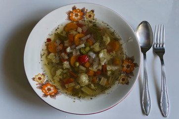 Bulgarian traditional vegetable soup with a mix of vegetables and spices  in white bowl, Sofia, Bulgaria  