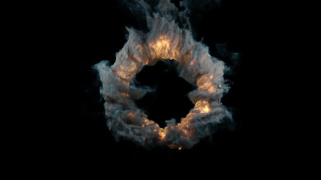 Abstract Flame In Red Ring. 3D Animation Beautiful Effect Yellow Explosion Fire and Smoke. Fiery Plasm Portal on a Dark Backdrop with Alpha Channel. Cgi Contemporary Art. Flowing Vortex Burn and Fume