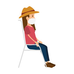 woman sitting in chair using face mask with hat vector illustration design