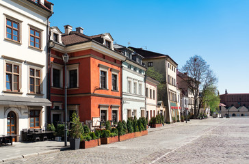 Szeroka street in Kazimierz, the old Jewish District of Krakow, Poland - obrazy, fototapety, plakaty