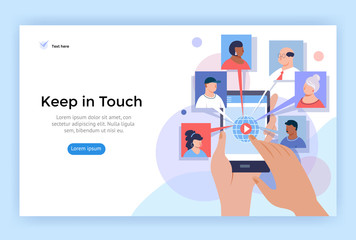 Video call and online conference concept illustration. Hands holding phone with internet communication app. Vector flat design.