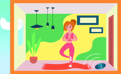 Vector illustration of the girl making yoga during corona virus quarantine