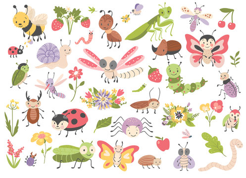 Cute cartoon insects. Butterfly, bug, dragonfly, caterpillar, spider, mosquito, fly and worm. Vector illustration.