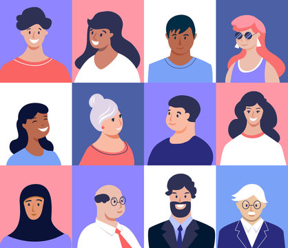 Profile picture. Male and female faces. Young, seniors people of different nationalities. Vector illustration , flat design.