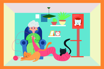 vector illustration of a granny knits a scarf during corona virus isolation