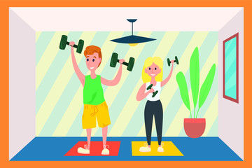 vector illustration of a man and woman doing fitness during corona virus isolation