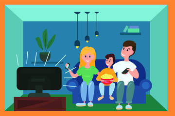 vector illustration of a family watching TV during corona virus isolation