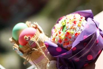 Easter holiday painted eggs and Easter cake