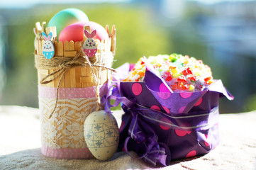 Easter holiday painted eggs and Easter cake