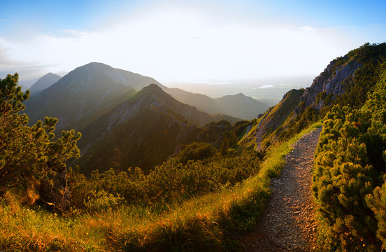 hiking trail at herzogstand mountain, evening in the bavarian alps