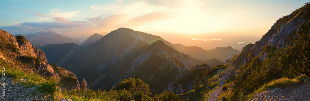 Wall mural alpine landscape panorama in the evening, herzogstand mountain