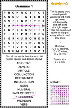 Grammar themed zigzag word search puzzle (suitable both for kids and adults). Answer included.
