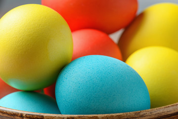Colorful Easter eggs close-up. Easter eggs background. Easter eggs are a symbol and a mandatory attribute of the holiday.