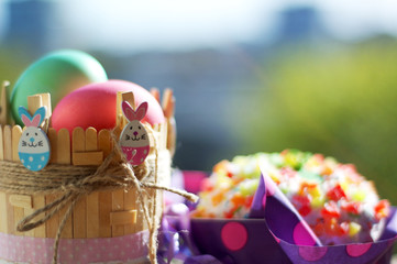 Easter holiday painted eggs and Easter cake
