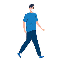 young man walking with face mask isolated icon vector illustration design