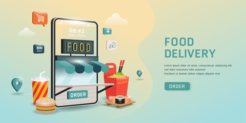 order food on a smartphone. grocery online from app by mobile. E-commerce concept. Online food order infographic.