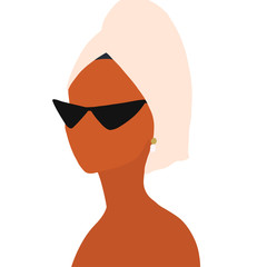 Modern minimalist female portrait. Trendy abstract illustration. Woman wearing sunglasses and with a towel on her head after a shower or bath. Social distancing during quarantine. Stay home